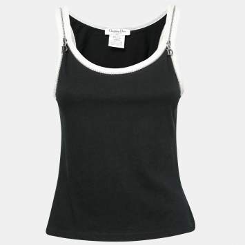 مملوكة مسبقًا Dior Black and White Cotton Chain Embellished Sleeveless Tank Top L