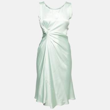 Pre Owned Dior Vintage Green Textured Silk Satin Gathered Sleeveless Dress M