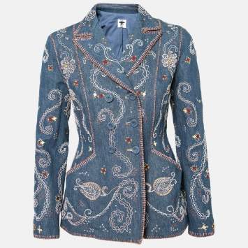 Pre Owned Dior Blue Hand Embroidered Denim Double Breasted Jacket M