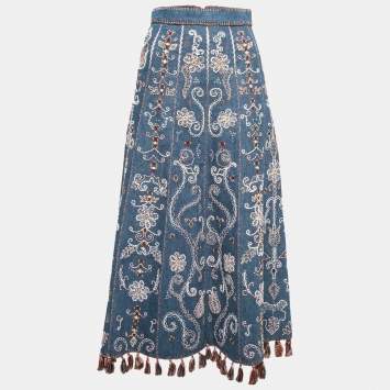 Pre Owned Dior Blue Hand Embroidered Denim Tassel Trimmed Skirt S