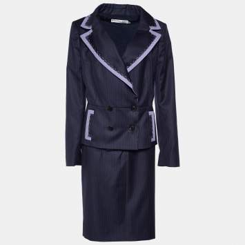 Pre Owned Dior Navy Blue Pinstripe Wool Skirt Suit L