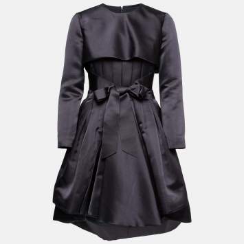 مملوكة مسبقًا Dior Navy Blue Silk Bow Waist Pleated Crop Jacket Dress S 