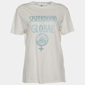 Pre Owned Christian Dior Ecru Sisterhood is Global Cotton Linen T-Shirt S