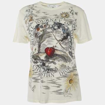 مملوكة مسبقًا Dior Cream Heart Print Cotton Linen T-Shirt M