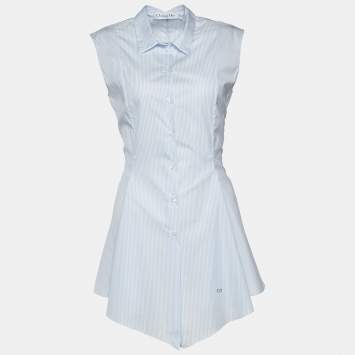 Pre Owned Dior Blue Pinstripe Print Cotton Sleeveless Flared Shirt M