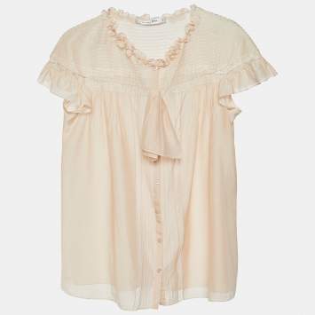 Pre Owned Dior Pale Pink Silk & Lace Ruffled Detail Blouse M