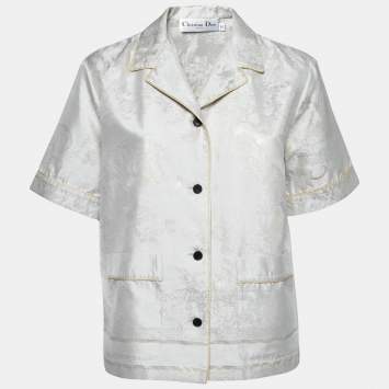 Pre Owned Christian Dior Light Grey & Gold Floral Jacquard Silk Pajama Shirt M