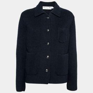 Pre Owned Christian Dior Navy Blue Wool Knit Collared Cardigan M
