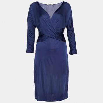 Pre Owned Dior Navy Blue Jersey Ruched Knee-Length Dress L