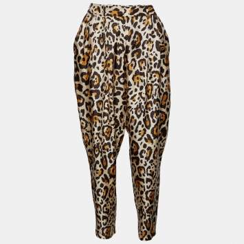 Pre Owned Dior Beige Leopard Print Silk High Waist Trousers L Waist 31"