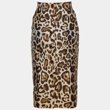 مملوكة مسبقًا Dior Beige Leopard Pattern Jacquard Cotton & Silk Pencil Skirt L