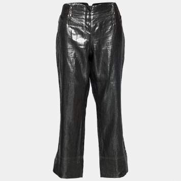 Pre Owned Dior Boutique Silver Foil Print Linen Cropped Trousers L Waist 36"