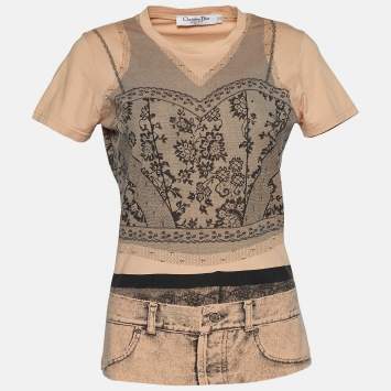 Pre Owned Dior Boutique Peach Trompe l'oeil Print Cotton Crew Neck T-Shirt L 