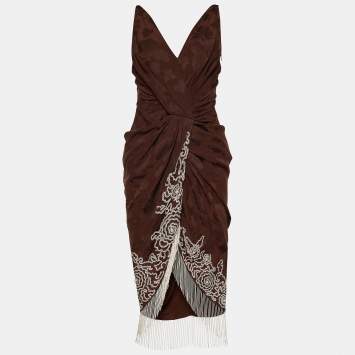 مملوكة مسبقًا Christian Dior Brown Silk Jacquard Embellished Detail Midi Dress S