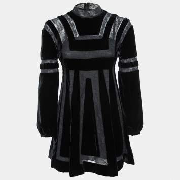 Pre Owned Christian Dior Black Velvet & Lace Panelled Mini Dress S