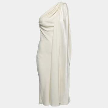 Pre Owned Christian Dior Cream Crepe One-Shoulder Draped Midi Dress S