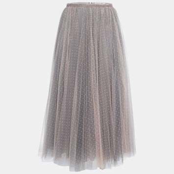 Pre Owned Christian Dior Light Pink & Grey Polka Dot Tulle Maxi Skirt S