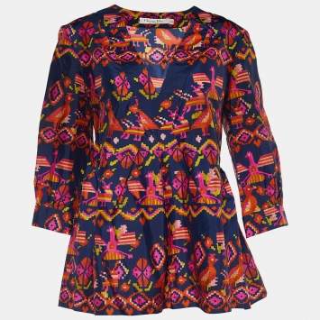 Pre Owned Dior Blue & Print Aztec Print Silk V Neck Blouse M
