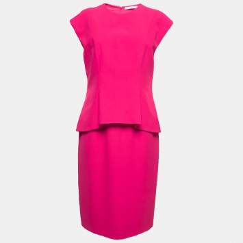 Pre Owned Christian Dior Hot Pink Silk Peplum Midi Dress L