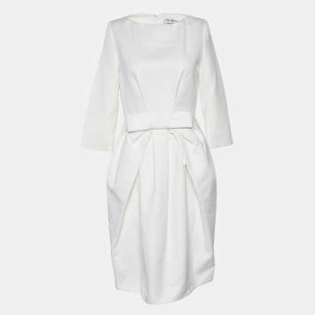 Pre Owned Dior Ivory Textured Cotton Bow Detail Pleated Dress M