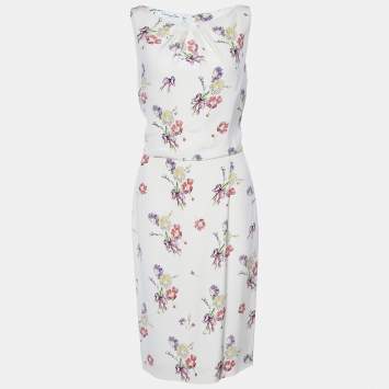Pre Owned Christian Dior Cream Floral Printed Silk Sleeveless Dress XL