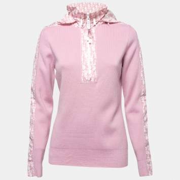 Pre Owned Christian Dior Boutique Vintage Pink Knit Monogram Hooded Zip-Up Sweater L