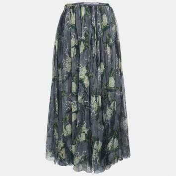 Pre Owned Christian Dior Grey Floral Mesh Midi Skirt S