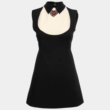 Pre Owned Christian Dior Black Wool Embellished-Collar Sleeveless Mini Dress S