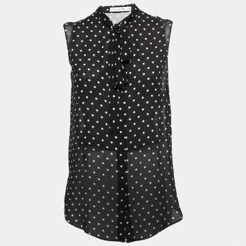Christian Dior Black Polka-Dot Print Silk Tie-Neck Sleeveless Top S