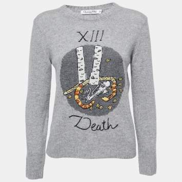 Pre Owned Christian Dior Grey Cashmere Embroidered Pullover M