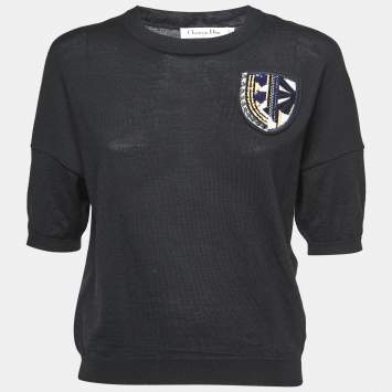 مملوكة مسبقًا Christian Dior Black Wool Emblem Patch Detail Knit Top S