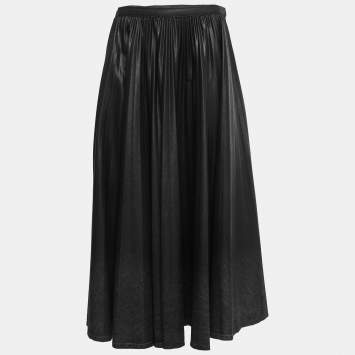 Pre Owned Dior Black Coated Denim Pleated Midi Skirt M