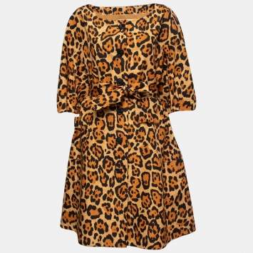Pre Owned Christian Dior Yellow Animal Print Silk Belted Midi Dress L