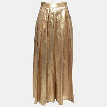 Pre Owned Christian Dior Gold Lame Pleated Maxi Skirt M