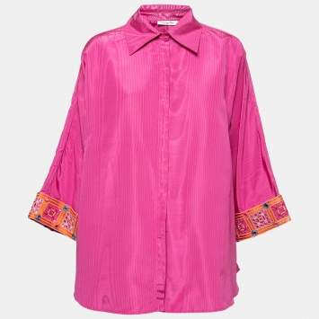 Pre Owned Christian Dior Pink Silk Moire Cuff Embellished Shirt M