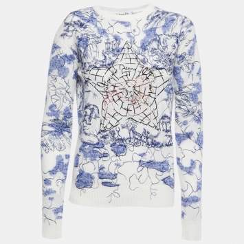 مملوكة مسبقًا Christian Dior White World Embroidered Cashmere Sweater S