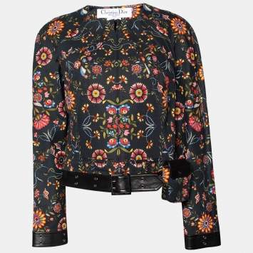 Pre Owned Christian Dior Boutique Black Floral Printed Cotton & Leather Trim Jacket M