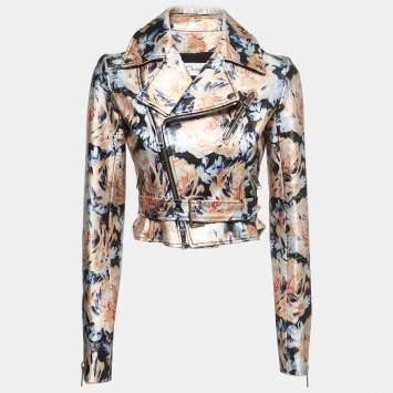Pre Owned Christian Dior Black Floral Painted Lambskin Leather Biker Jacket S