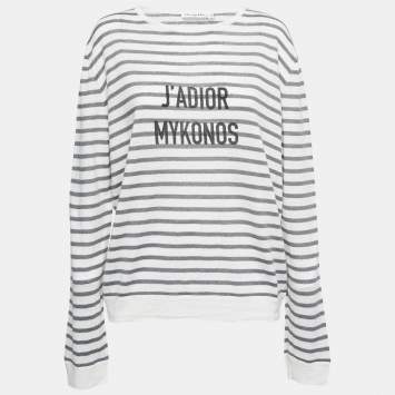 Pre Owned Christian Dior White/Grey Striped J'Adior Mikonos Knit Pullover L