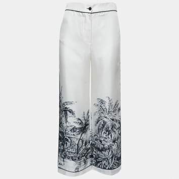 Pre Owned Christian Dior White Printed Silk Wide Leg Pants S