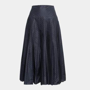 Pre Owned Christian Dior Black/Blue Dotted Tulle Pleated Midi Skirt S