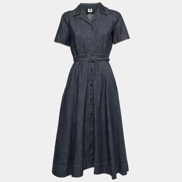 Christian Dior Blue Denim Belted Midi Dress M
