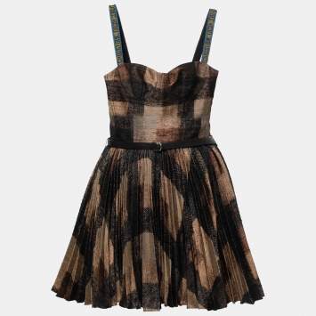 Pre Owned Dior Black and Brown Silk Blend Beaded Strap Pleated A-line Mini Dress S