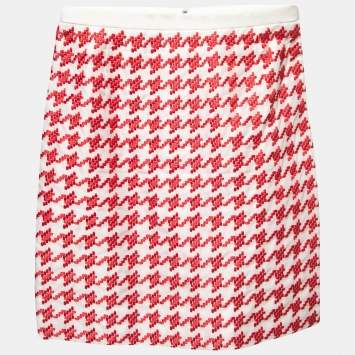 Pre Owned Christian Dior Haute Couture Cream/Red Houndstooth Embroidered Silk Mini Skirt S