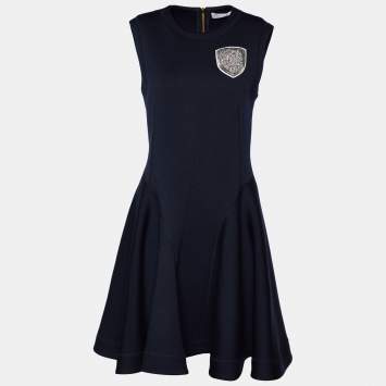 Pre Owned Christian Dior Navy Blue Wool Embellished Detail Sleeveless Midi Dress M
