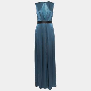 Pre Owned Dior Dark Teal Silk Satin Sleeveless Maxi Dress M 
