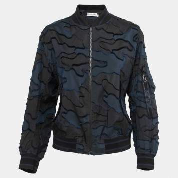 Pre Owned Dior Navy Blue Textured Synthetic Zip Front Bomber Jacket S