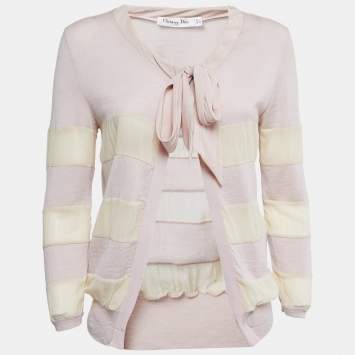 Dior Dusty Pink/Cream Wool & Silk Knit Neck Tie Detail Open Front Cardigan M