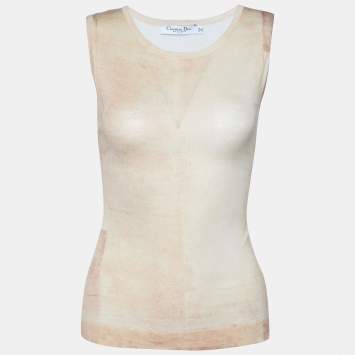 Pre Owned Christian Dior Boutique Beige Printed Wool & Silk Knit Sleeveless Top M