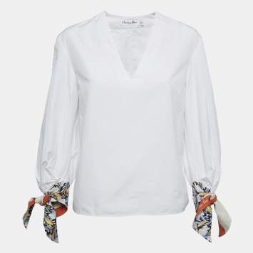 مملوكة مسبقًا Dior White Cotton and Printed Silk Long Sleeve Tie Detail V-Neck Blouse M